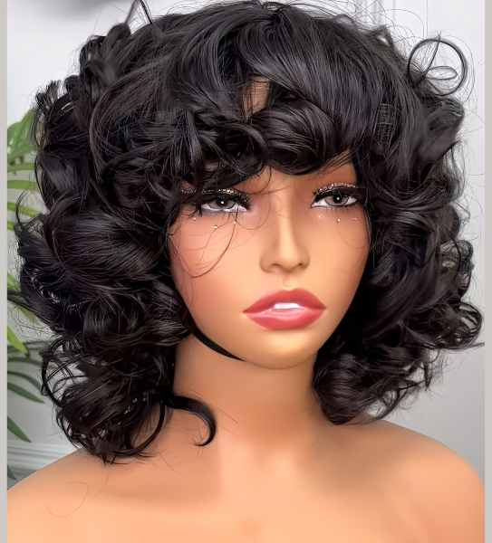 Bouncy Curly Wig with Bangs 100% Raw Hair