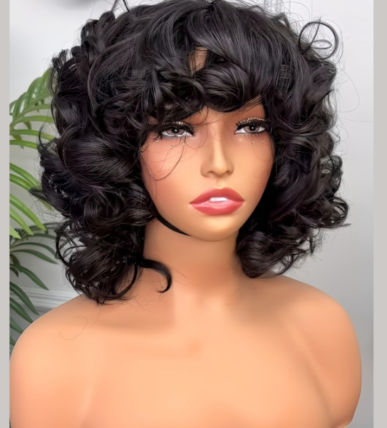 Bouncy Curly Wig with Bangs 100% Raw Hair